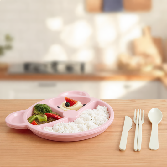 5 Pcs Set Baby Feeding Plates Cartoon Dinner Plate Set With Divided Plate, Fork And Spoon Adorable Cartoon Animal Kids Bear Plate Section Dinner Plate Durable Plastic, Perfect For Toddlers Kids Adults Ideal For Home School Restaurant